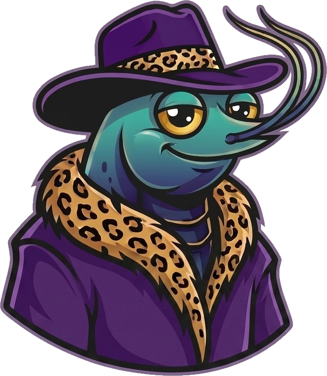 The Shrimp Pimps mascot — a shrimp in a purple pimp hat and jaguar collar