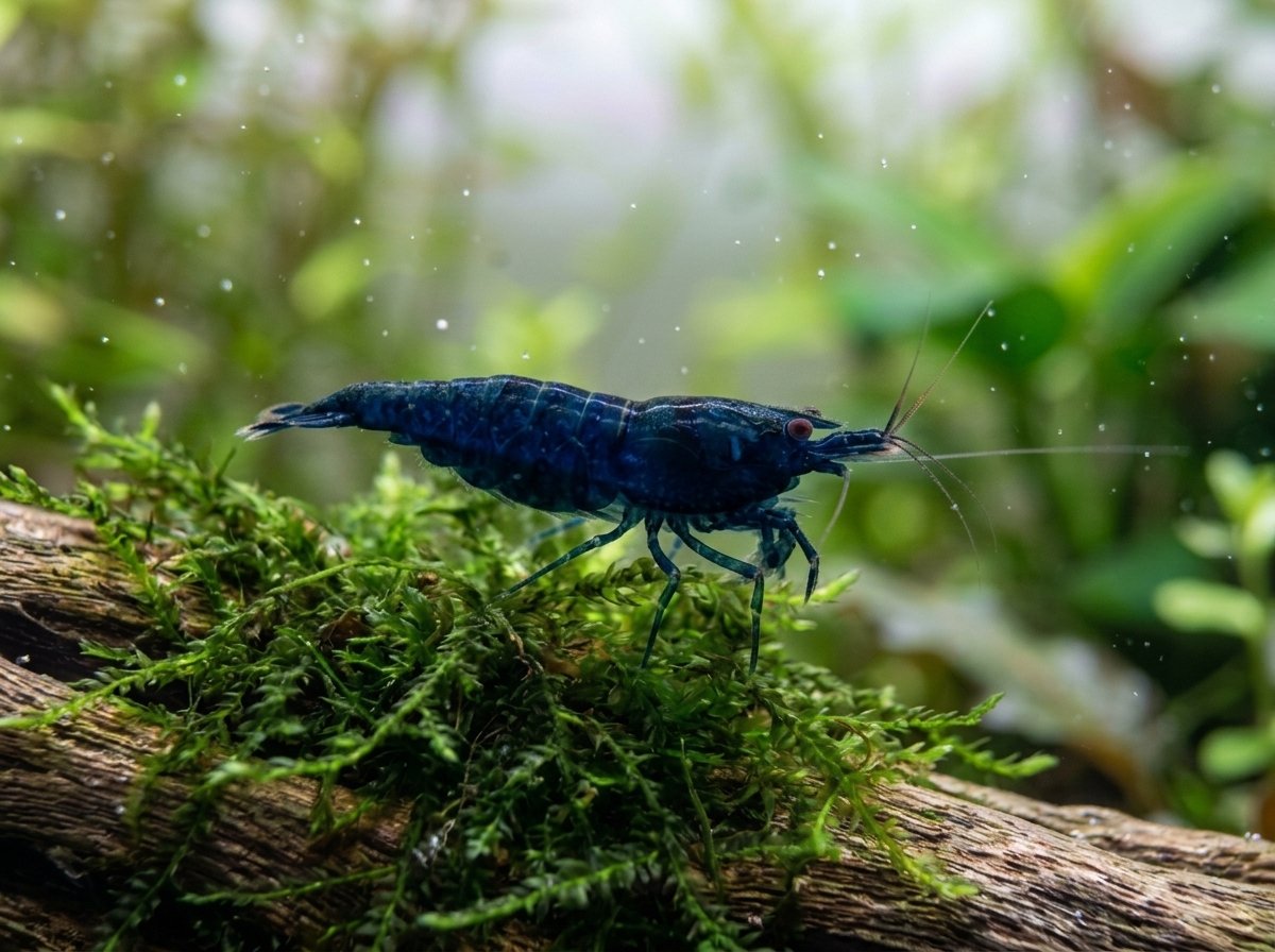 A Blue Dream neocaridina shrimp grazing on java moss